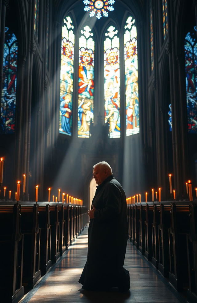 A powerful and dramatic scene depicting a person standing in awe in a grand cathedral