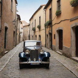 A picturesque illustration of a vintage car driving through the narrow, cobblestone streets of an old town.