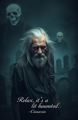 An elderly, sinister-looking man resembling Charles Manson stands in a dimly lit cemetery, surrounded by ancient tombstones and eerie shadows