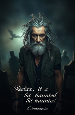 An elderly, sinister-looking man resembling Charles Manson stands in a dimly lit cemetery, surrounded by ancient tombstones and eerie shadows
