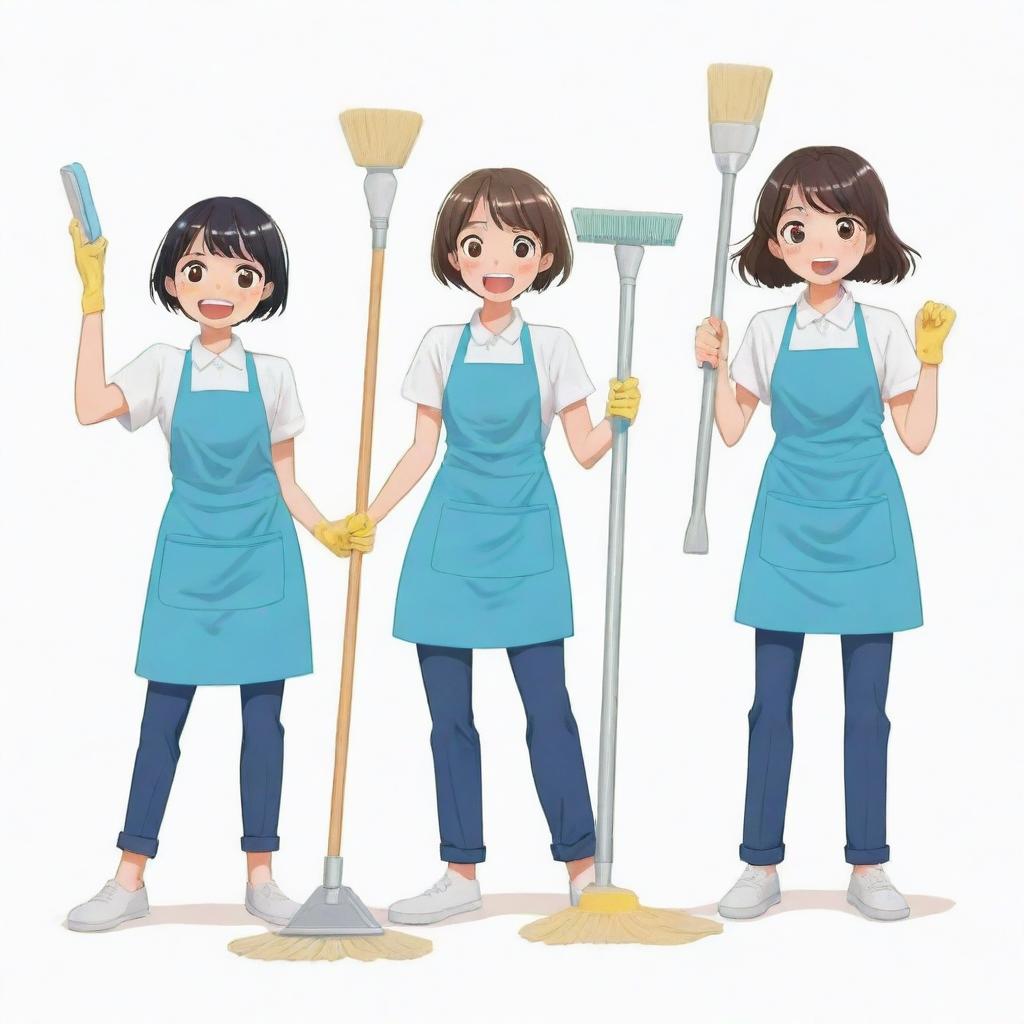 Anime style illustration of three characters involved in cleaning tasks, each holding cleaning tools, displaying lively and exaggerated expressions.