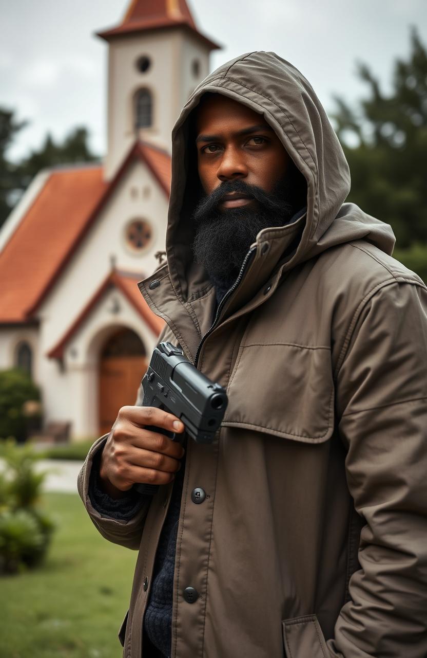 A bearded black man holding a gun in his hand, dressed in a stylish hooded windcheater