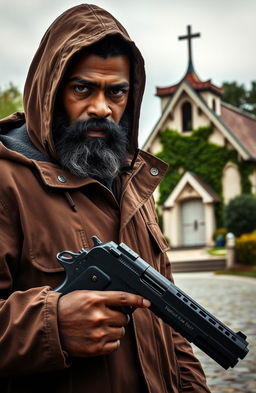 A bearded black man holding a gun in his hand, dressed in a stylish hooded windcheater