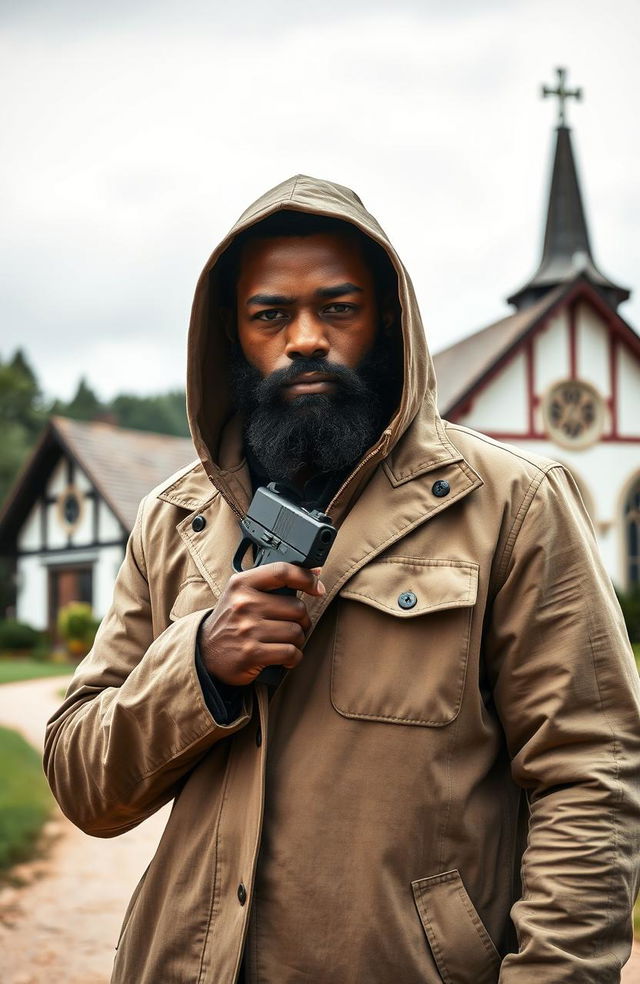 A bearded black man holding a gun in his hand, dressed in a stylish hooded windcheater