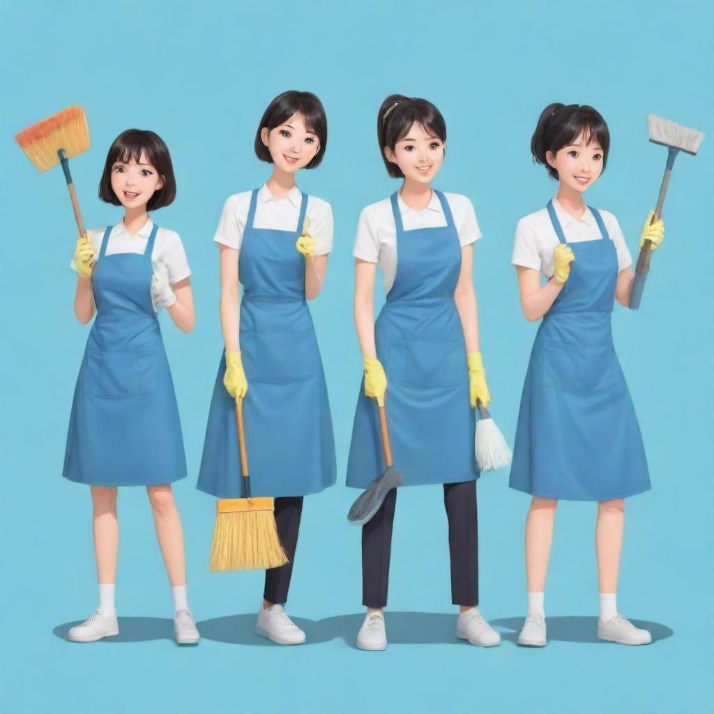 Anime style illustration of three characters involved in cleaning tasks, each holding cleaning tools, displaying lively and exaggerated expressions.