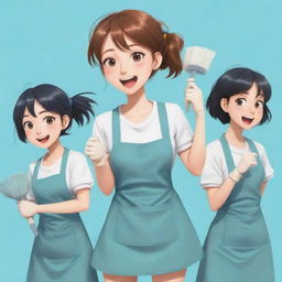 Anime style illustration of three characters involved in cleaning tasks, each holding cleaning tools, displaying lively and exaggerated expressions.