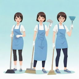 Anime style illustration of three characters involved in cleaning tasks, each holding cleaning tools, displaying lively and exaggerated expressions.