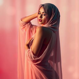 A sensual and artistic portrayal of a woman wearing a sexy jilbab, showcasing curves in an elegant yet provocative manner