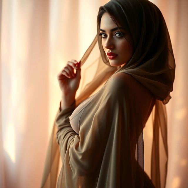 A sensual and artistic portrayal of a woman wearing a sexy jilbab, showcasing curves in an elegant yet provocative manner