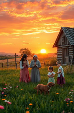 A serene and peaceful countryside scene depicting a humble family home surrounded by nature