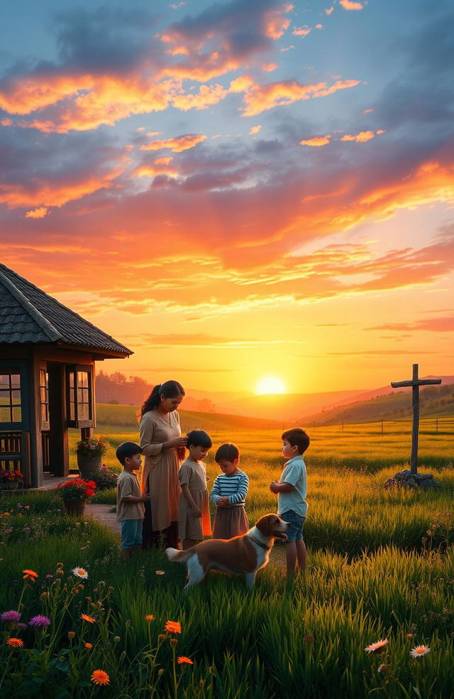 A serene and peaceful countryside scene depicting a humble family home surrounded by nature