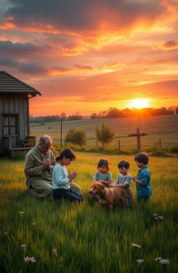 A serene and peaceful countryside scene depicting a humble family home surrounded by nature