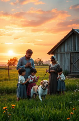 A serene and peaceful countryside scene depicting a humble family home surrounded by nature