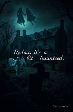 An old, eerie mansion looms in the darkness of the night, with crumbling stone walls and overgrown weeds