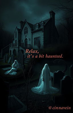 An old, eerie mansion looms in the darkness of the night, with crumbling stone walls and overgrown weeds