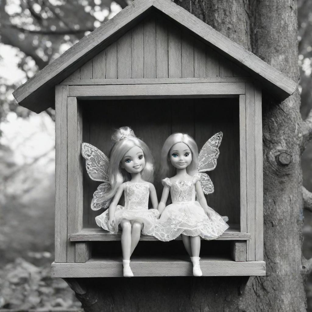 Two-dimensional, black and white cartoon-style colouring page of a Down syndrome Barbie fairy sitting in the window of a treehouse on a white background.