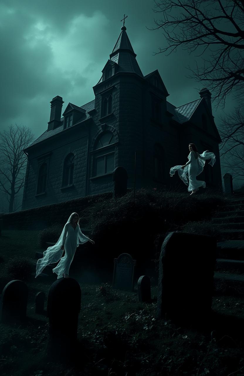 An old, eerie mansion looms in the darkness of the night, with crumbling stone walls and overgrown weeds