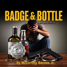 A police badge, a liquor bottle, a service weapon, and handcuffs are artfully arranged in the foreground