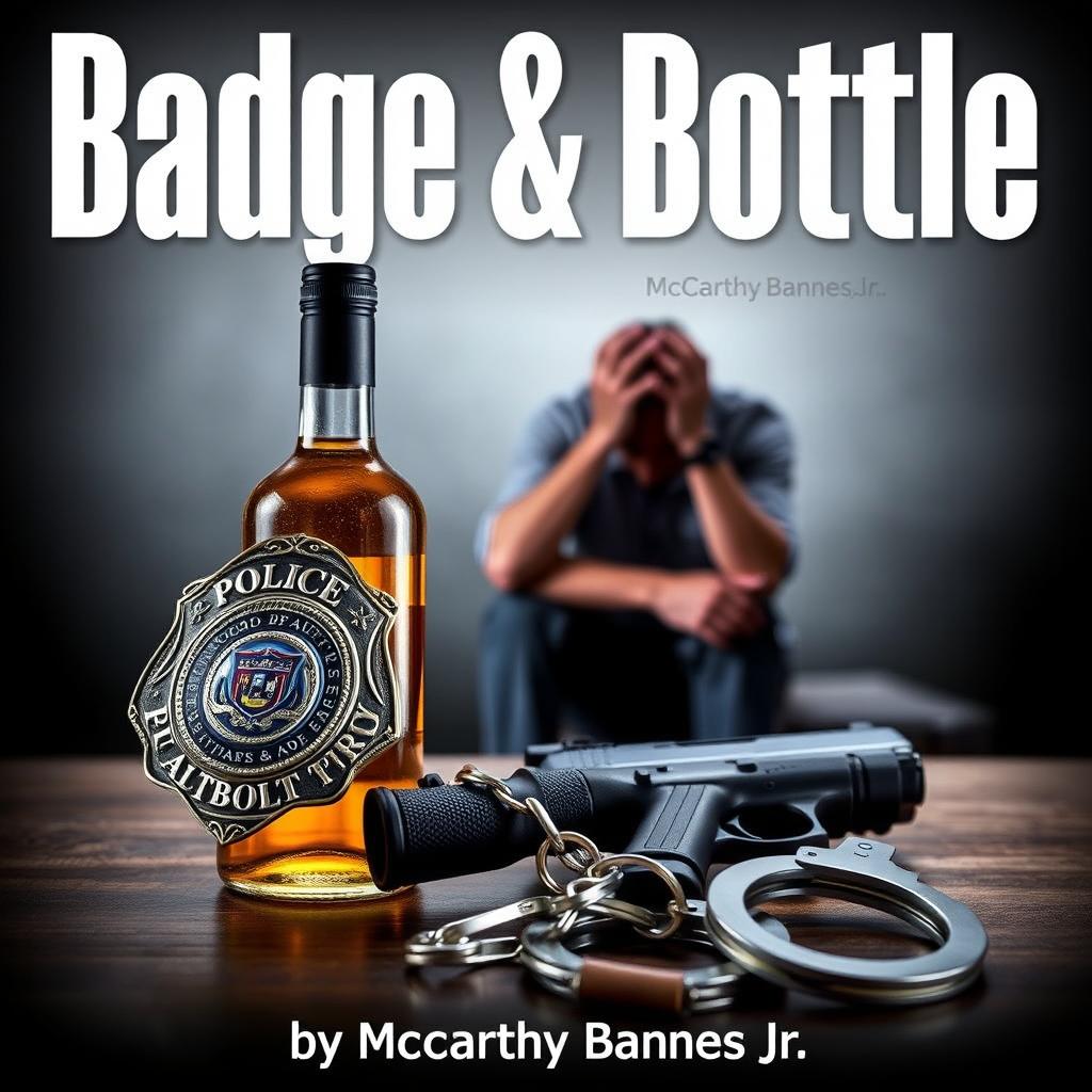 A police badge, a liquor bottle, a service weapon, and handcuffs are artfully arranged in the foreground