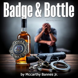 A police badge, a liquor bottle, a service weapon, and handcuffs are artfully arranged in the foreground