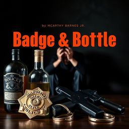 A police badge, a liquor bottle, a service weapon, and handcuffs are artfully arranged in the foreground
