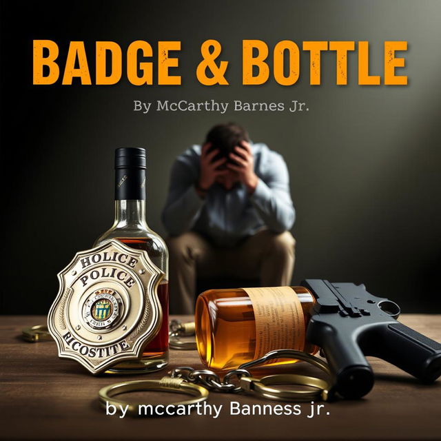 A police badge, a liquor bottle, a service weapon, and handcuffs are artfully arranged in the foreground