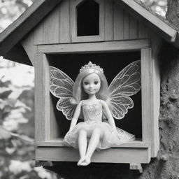 Two-dimensional, black and white cartoon-style colouring page of a Down syndrome Barbie fairy sitting in the window of a treehouse on a white background.