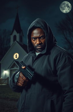 An intense scene featuring a strong, angry black man in a hooded windcheater holding a gun, his expression fierce and determined