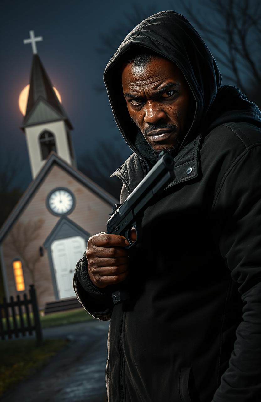 An intense scene featuring a strong, angry black man in a hooded windcheater holding a gun, his expression fierce and determined