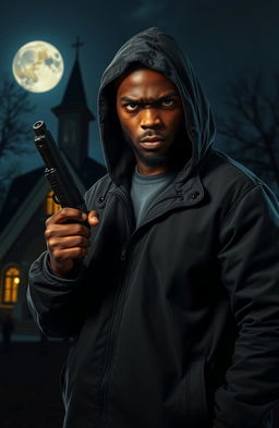 An intense scene featuring a strong, angry black man in a hooded windcheater holding a gun, his expression fierce and determined