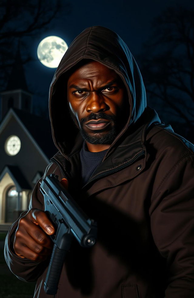 An intense scene featuring a strong, angry black man in a hooded windcheater holding a gun, his expression fierce and determined