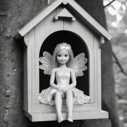 Two-dimensional, black and white cartoon-style colouring page of a Down syndrome Barbie fairy sitting in the window of a treehouse on a white background.