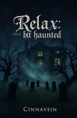 An old, eerie mansion looming in the dark night, shrouded in mist, with a nearby cemetery featuring crumbling tombstones and twisted trees casting shadows