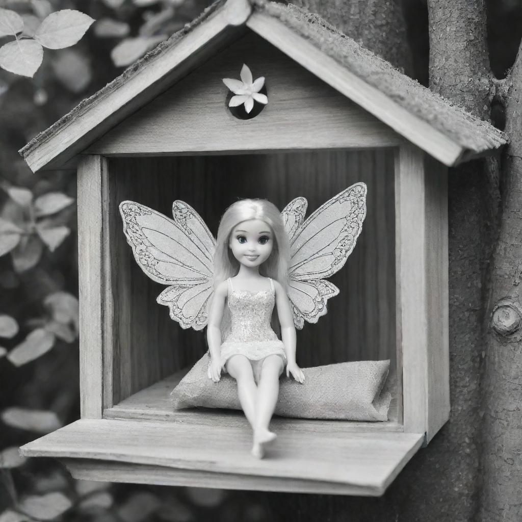 Two-dimensional, black and white cartoon-style colouring page of a Down syndrome Barbie fairy sitting in the window of a treehouse on a white background.