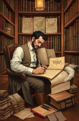A detailed historical illustration of Ildefonso Antonio Bermejo, a Paraguayan romantic writer, sitting in a cozy library filled with books related to Paraguayan history