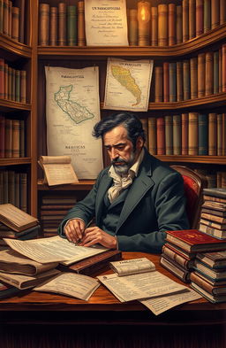 A detailed historical illustration of Ildefonso Antonio Bermejo, a Paraguayan romantic writer, sitting in a cozy library filled with books related to Paraguayan history