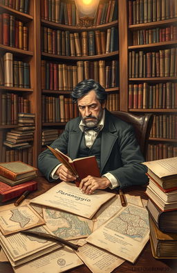 A detailed historical illustration of Ildefonso Antonio Bermejo, a Paraguayan romantic writer, sitting in a cozy library filled with books related to Paraguayan history