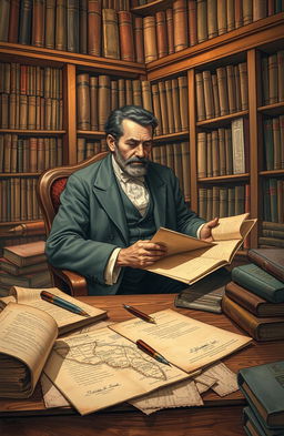 A detailed historical illustration of Ildefonso Antonio Bermejo, a Paraguayan romantic writer, sitting in a cozy library filled with books related to Paraguayan history