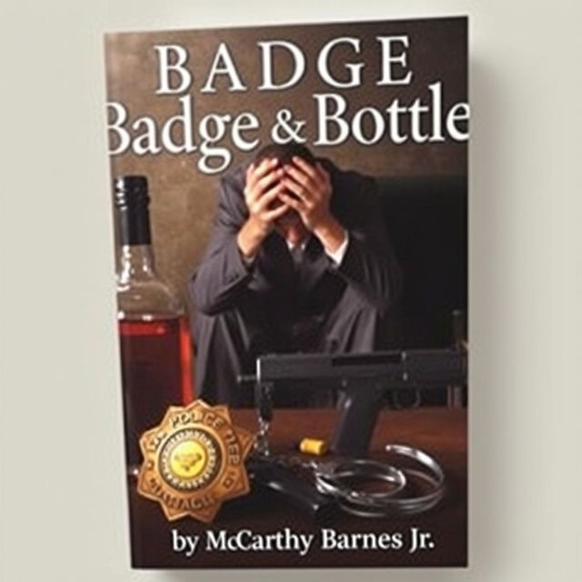 A police badge, a liquor bottle, a service weapon, and handcuffs are prominently displayed in the foreground