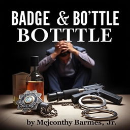 A police badge, a liquor bottle, a service weapon, and handcuffs are prominently displayed in the foreground