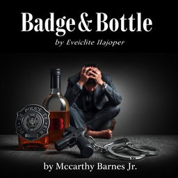 A police badge, a liquor bottle, a service weapon, and handcuffs are prominently displayed in the foreground