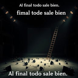 A cinematic movie poster for a film titled 'Al final todo sale bien', featuring an empty stage filled with scattered spotlights on the ground, a collapsed ladder, and an overall chaotic environment