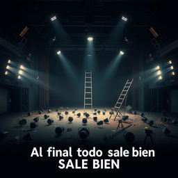 A cinematic movie poster for a film titled 'Al final todo sale bien', featuring an empty stage filled with scattered spotlights on the ground, a collapsed ladder, and an overall chaotic environment