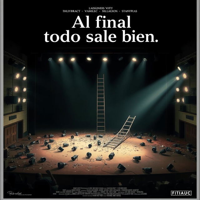 A cinematic movie poster for a film titled 'Al final todo sale bien', featuring an empty stage filled with scattered spotlights on the ground, a collapsed ladder, and an overall chaotic environment