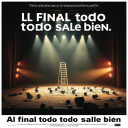 A cinematic movie poster for a film titled 'Al final todo sale bien', featuring an empty stage filled with scattered spotlights on the ground, a collapsed ladder, and an overall chaotic environment