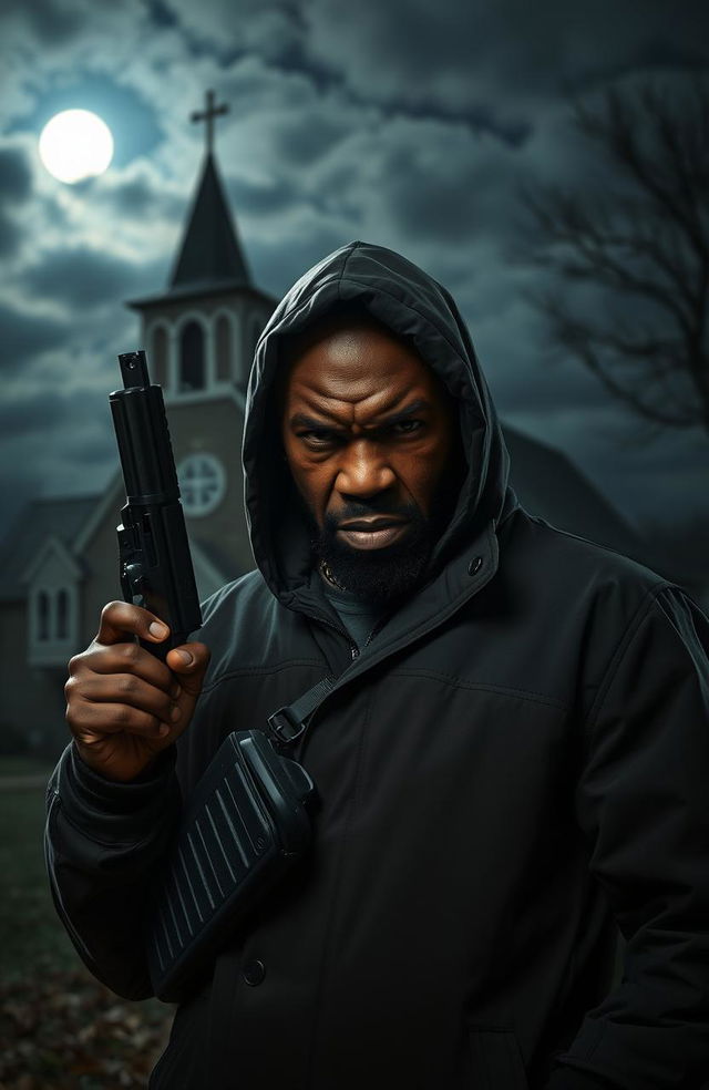 A furiously angry black man holding a gun, dressed in a hooded windcheater, stands prominently in the foreground