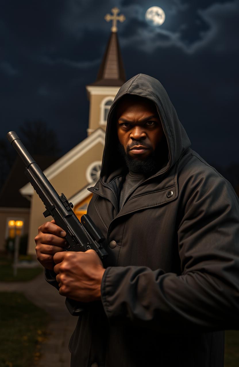 A furiously angry black man holding a gun, dressed in a hooded windcheater, stands prominently in the foreground