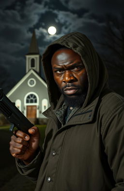 A furiously angry black man holding a gun, dressed in a hooded windcheater, stands prominently in the foreground
