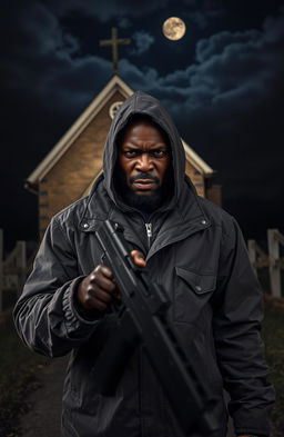 A furiously angry black man holding a gun, dressed in a hooded windcheater, stands prominently in the foreground