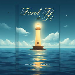 A book cover design for a devotional titled 'Farol da Fé', featuring a serene lighthouse illuminating the night sky with a warm light, symbolizing guidance and hope